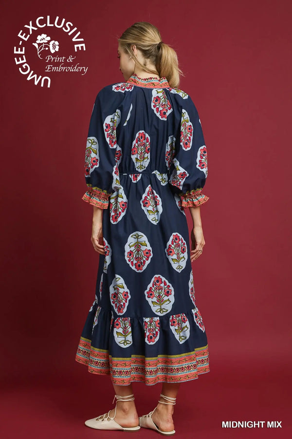 Midnight Flower Patch Boarder Print V-Neck Midi Dress