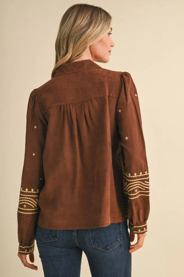 Suede Chocolate Brown Embroidered Top