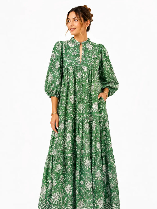 Green Floral Maxi Puff Sleeve Dress W Pockets and Belt