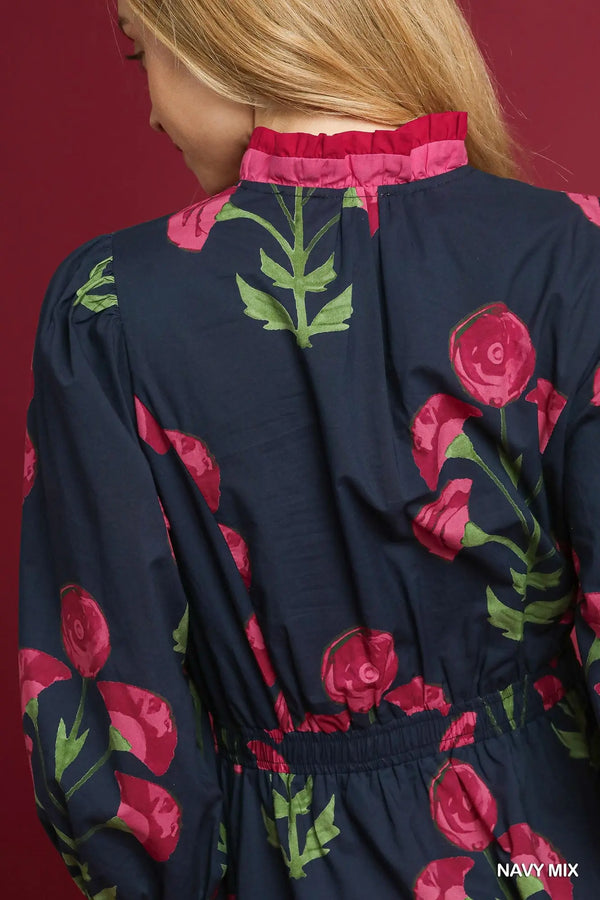 Navy Floral Midi Dress with Ruffle Trim and Elastic Waist
