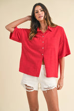 Linen Stripe Texture Oversized Shirt - Red