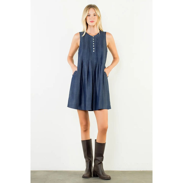 Sleeveless Dark Denim Button Dress
