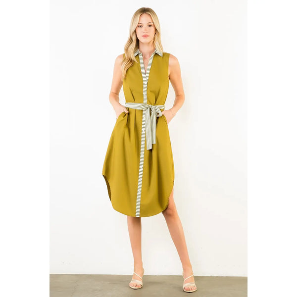 Olive Sleeveless Button Down Dress