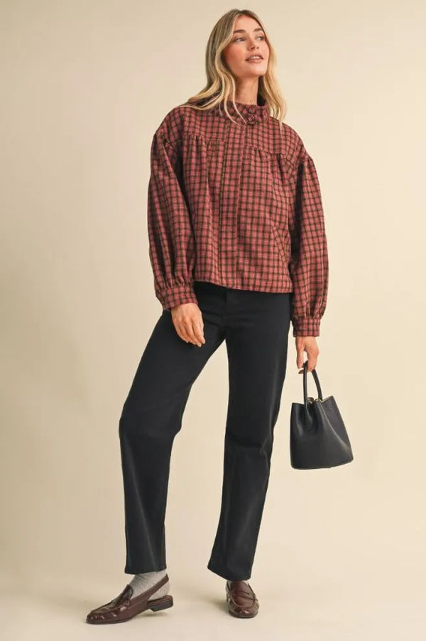 Mocha Plaid Bubble Hem Jacket