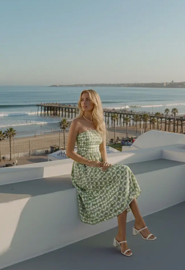 Geometric Print MIDI Dress | Aqua Green