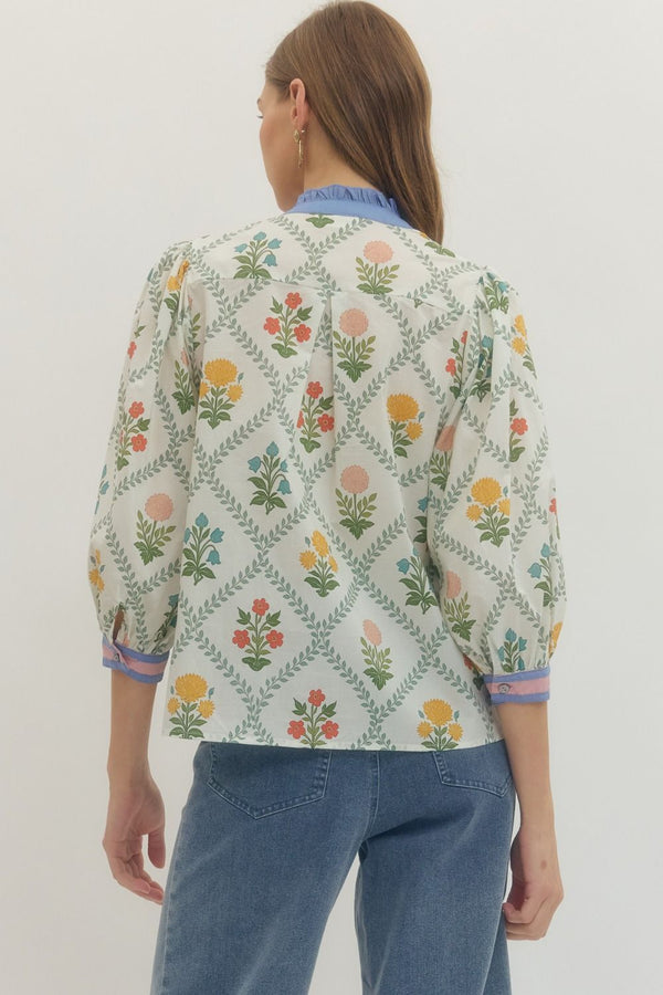 Floral Print 3/4 Puff Sleeve Top w Ruffled Trim