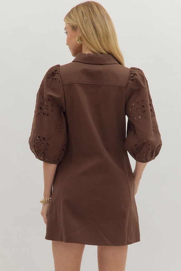 Brown Solid Eyelet Puff Sleeve Mini Dress