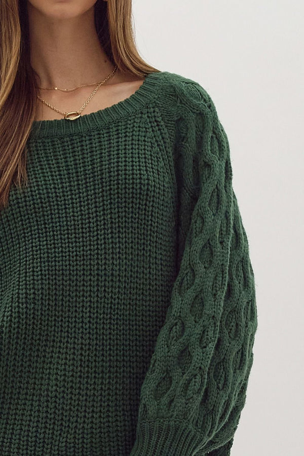 Green Knitted Round Neck Sweater w Cable Knit Sleeves