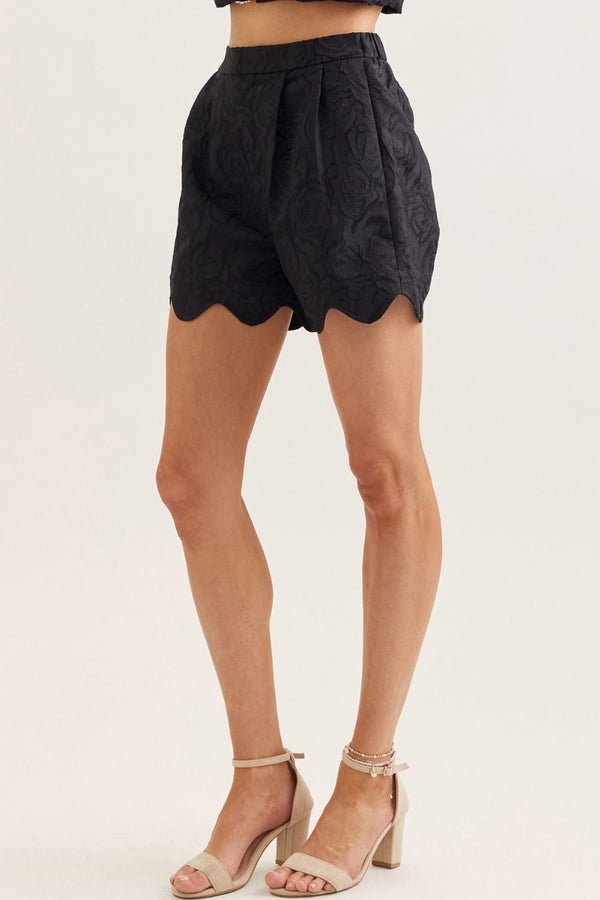 Black Jacquard Scallop Hem Shorts w Rose Pattern