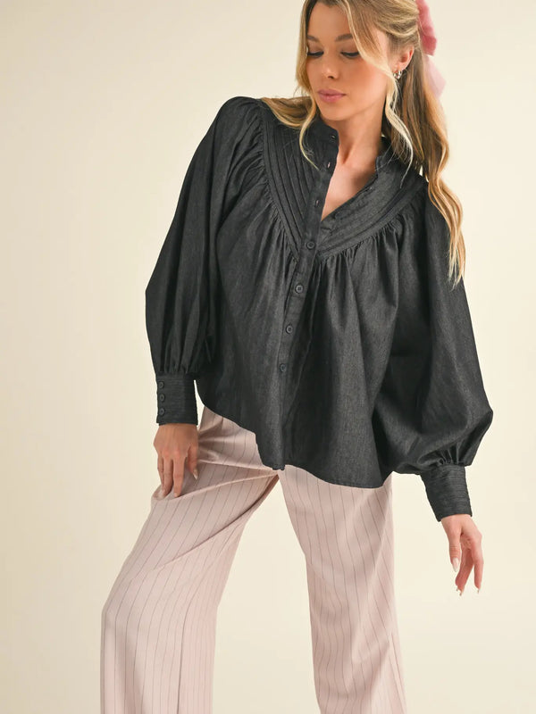 Black Button Down Batwing Sleeve Top