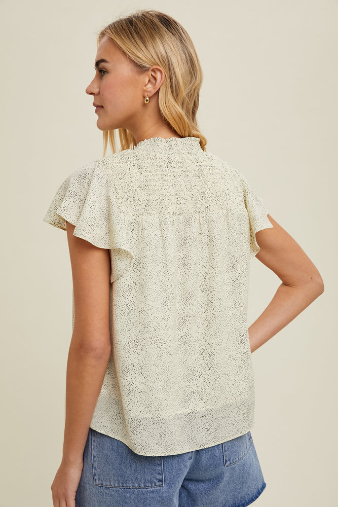 Dot Smocked Mock Neck Blouse