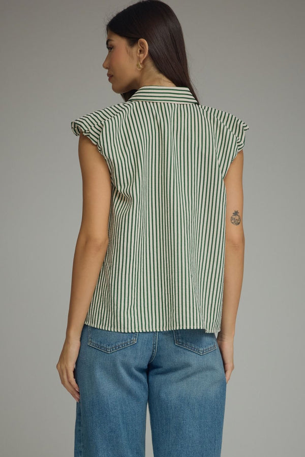 Olive Stripe Cap Sleeve Top w Ruffle Trim Sleeves