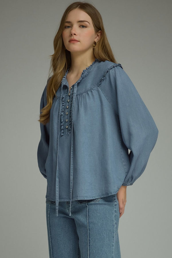 Long Sleeve Denim Top featuring Ruffled Trim