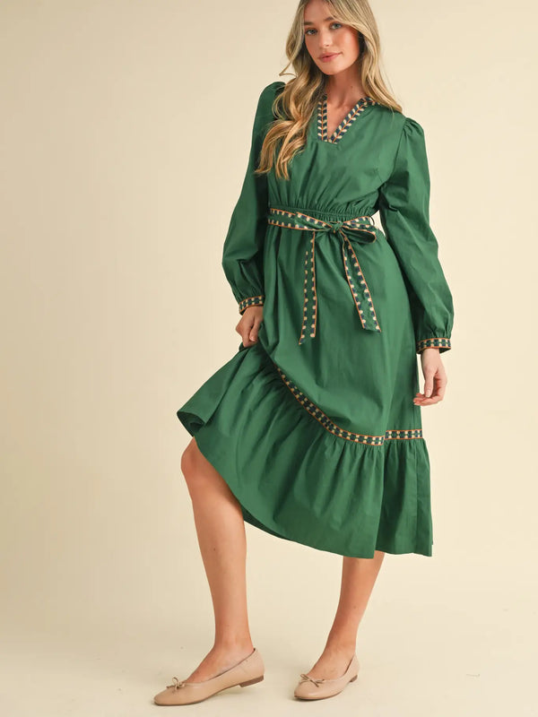 Hunter Green Embroidered Detail Midi Dress