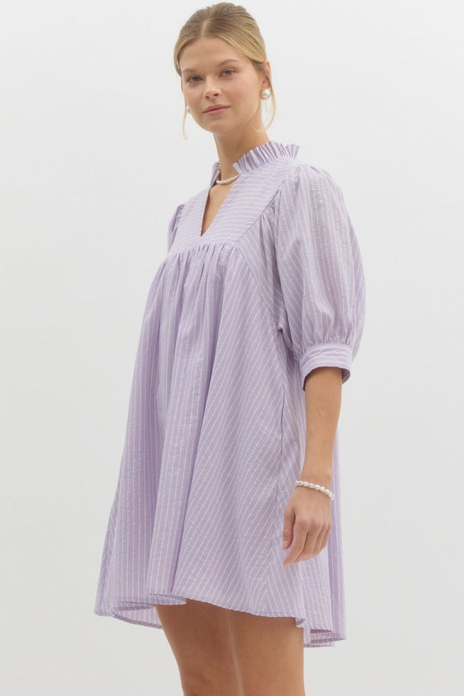 Pinstripe V-Neck Dress - Lavender