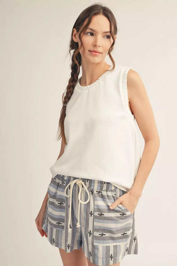 Off White Smocking Edge Detail Casual Tank Top