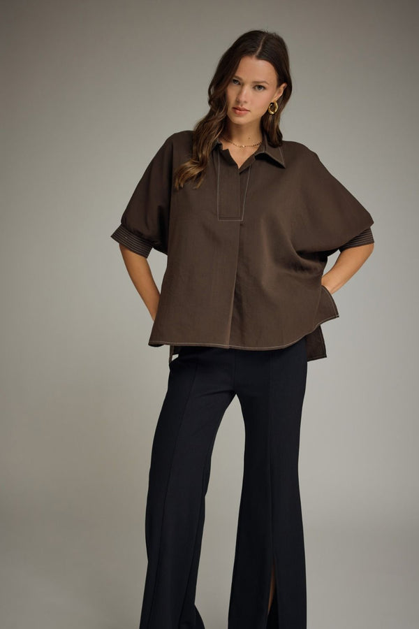 Brown Short Sleeve Top w Split V-Neck & Contrast Stitch detail