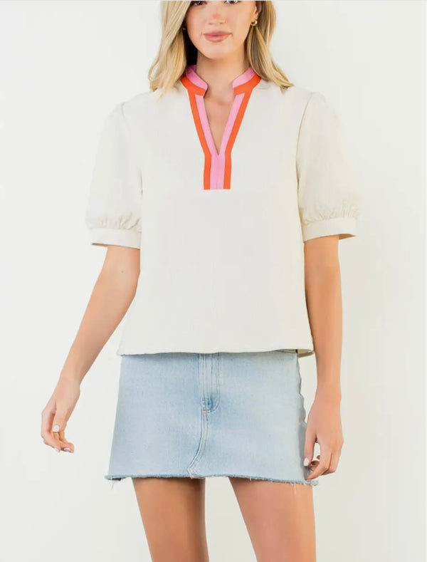 Puff Sleeve Textured V-Neck Top - Cream