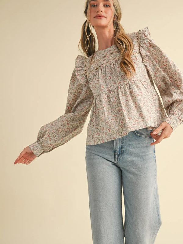 Cream Floral Ruffled Puff Sleeve Lace Trim Top