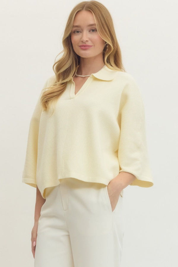Butter Solid Knit Top w V-neck Collar