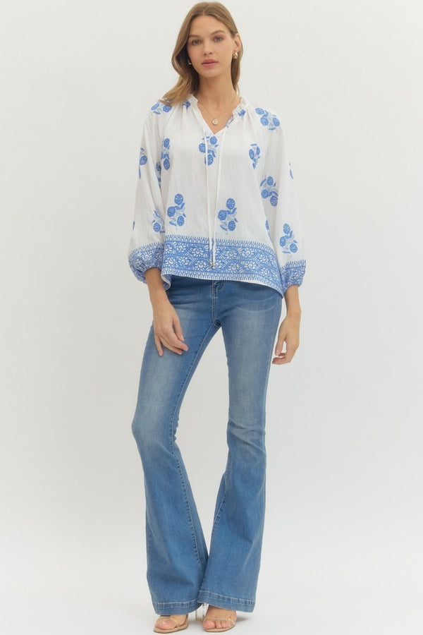 White Floral Print Raglan Puff Sleeve w Tie Detail & Ruffled Neck