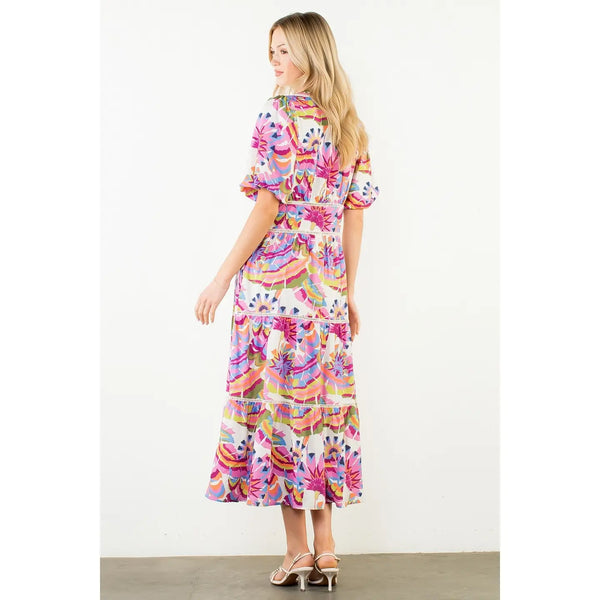 Puff Sleeve Multicolor Pattern Tiered Dress