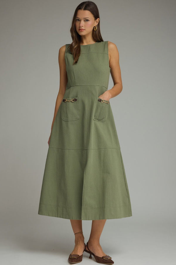 Olive Sleeveless Midi Dress w Horsebit Accent Detail