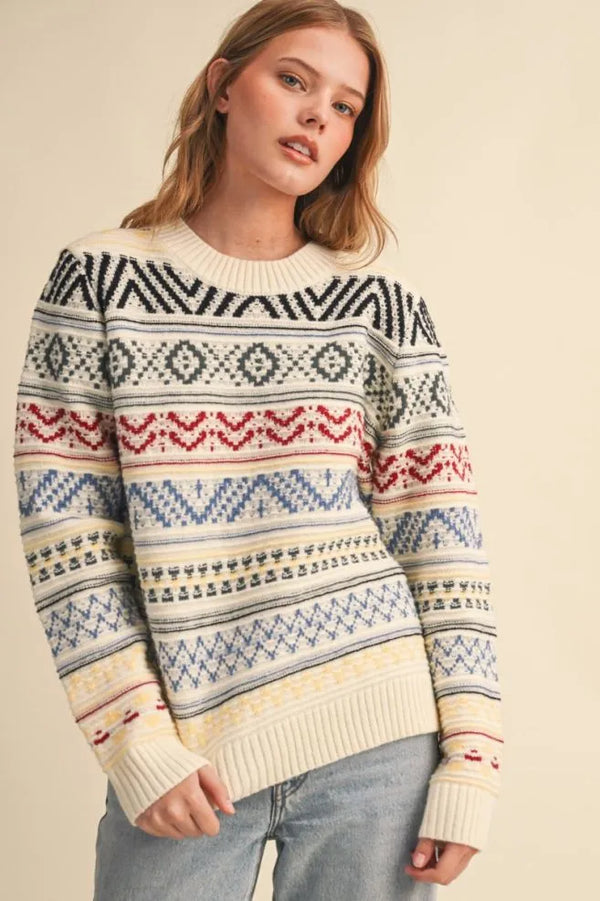 Off White & Colorful Geometric Knit Sweater