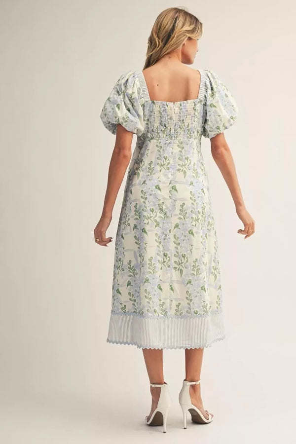 Short Puff Sleeves Square Neck Blue Floral Midi Dress