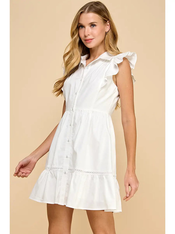White Fit and Flare Button Up Ruffled Sleeves Dress