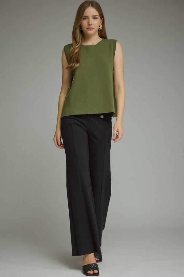 Olive Solid Sleeveless Knit Top Featuring Side Button Closure