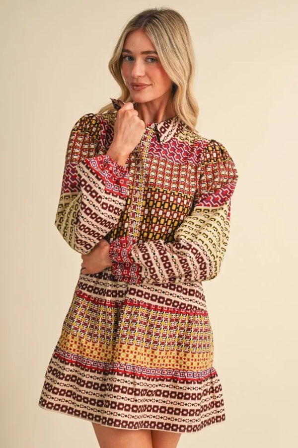 Purple & Olive Border Print Button Down Mini Dress