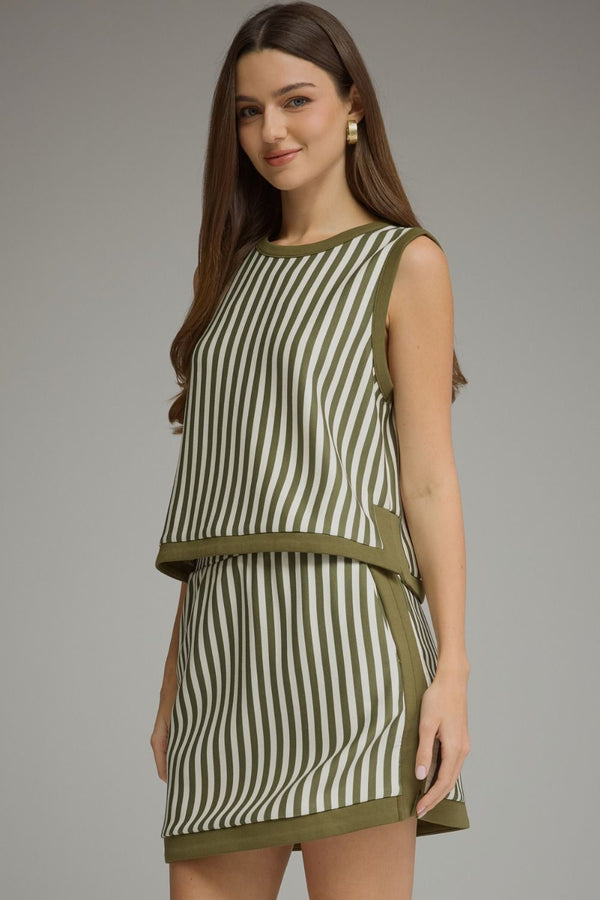 Olive Stripe Sleeveless Round-Neck Top w Contrast Trim