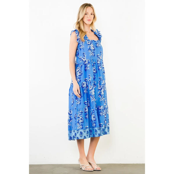 Flutter Sleeve Blue Floral Print Tiered Dress