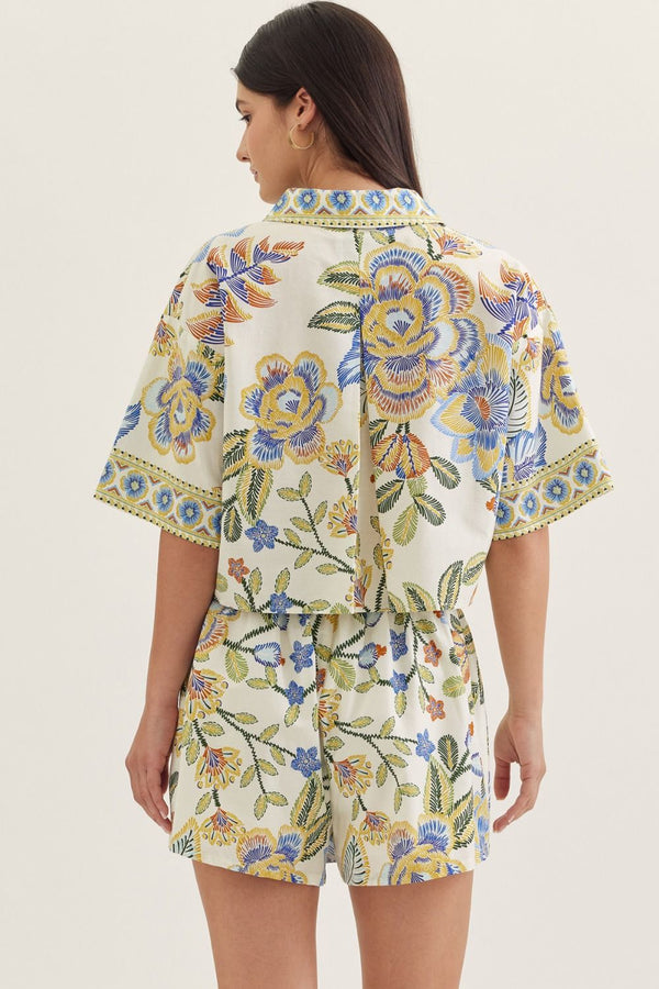 Lt Blue Mix Botanical Print Short Sleeve Top