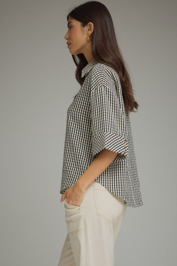 Black Gingham 3/4 Button Cuff Sleeve Top w V-neck Collar