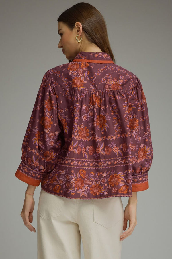 Wine Floral Print ¾ Sleeve Top w Contrast Trim