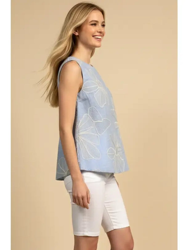 Lt. Blue Floral Embroidered Crew Neck Sleeveless Top