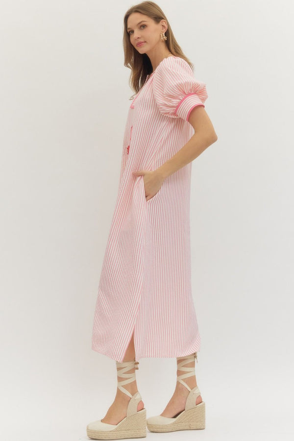 Pink Stripe Midi Dress w Floral Embroidery