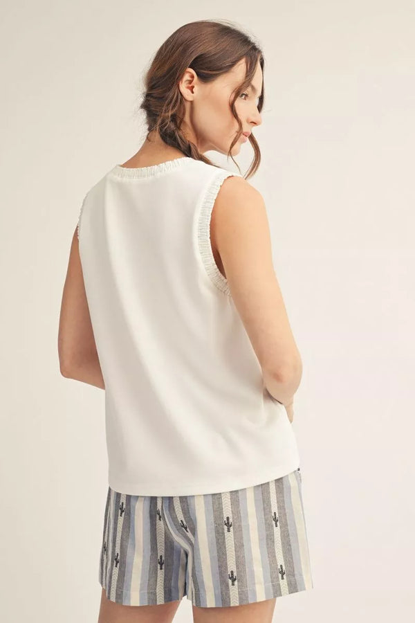Off White Smocking Edge Detail Casual Tank Top