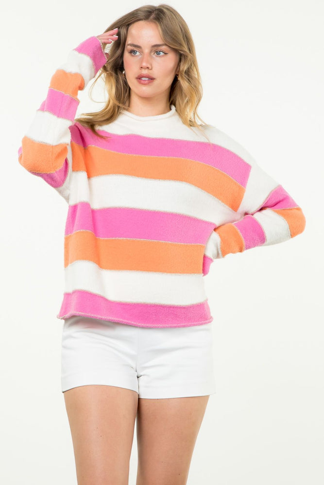 Pink/Orange Striped Pattern Knit Sweater