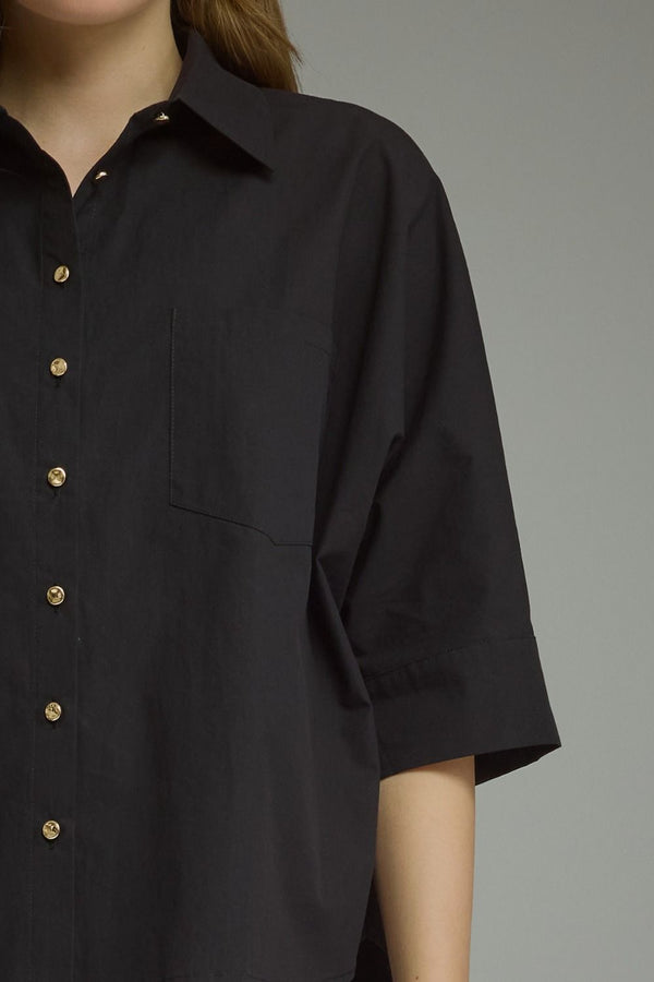 Black ¾ Sleeve Top w Button Closure
