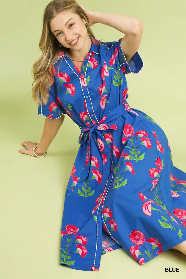 Blue Floral Belted Midi Dress