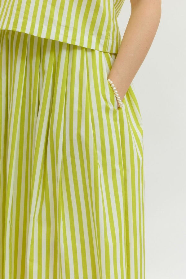 Lime Striped Midi Skirt w Elasticated Waistband