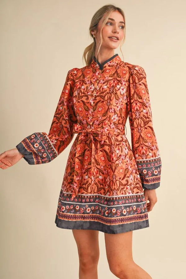 Mandarin Salmon Floral Border Print Belted Mini Dress