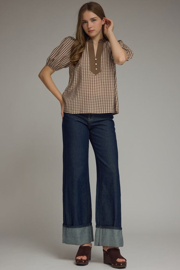Brown Gingham Short Puff Sleeve Top w Contrast Inset Detail