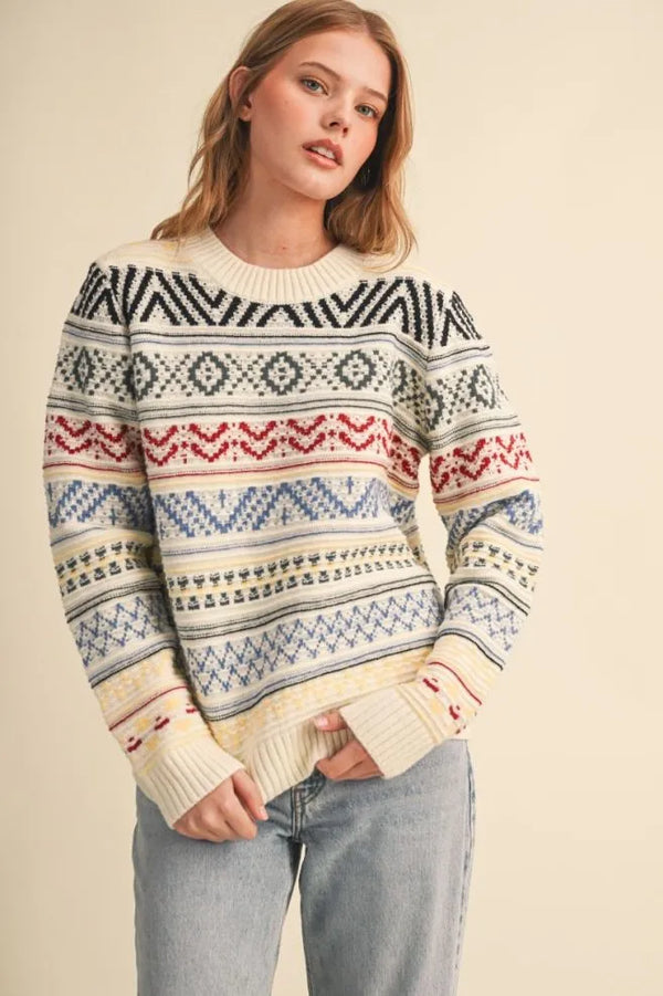 Off White & Colorful Geometric Knit Sweater