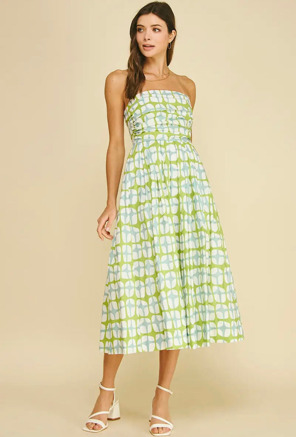 Geometric Print MIDI Dress | Aqua Green