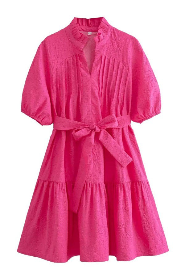 Hot Pink Textured Puff Sleeve Dress