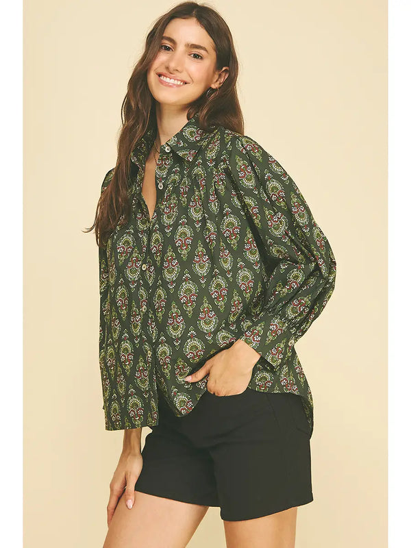 Geometric and Damask Print Button Down Shirt | Deep Green